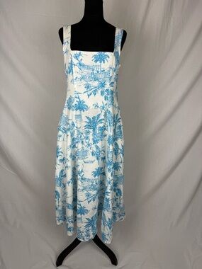 Joie Blue & White Toile Linen Blend Midi Dress | Size 8 | Italy Chic